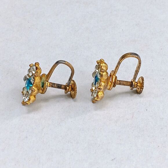 Vintage Rhinestone Flower Gold Tone Stud Screw Back Earrings-December Birthstone - Picture 2 of 8